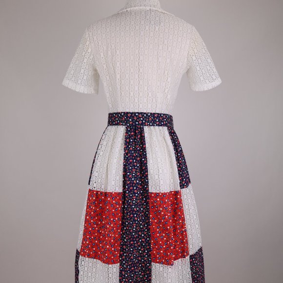 Vintage Patchwork Quilt Maxi Boho Hippie White Eyelet Cottage Core Prairie Dress - Picture 8 of 8